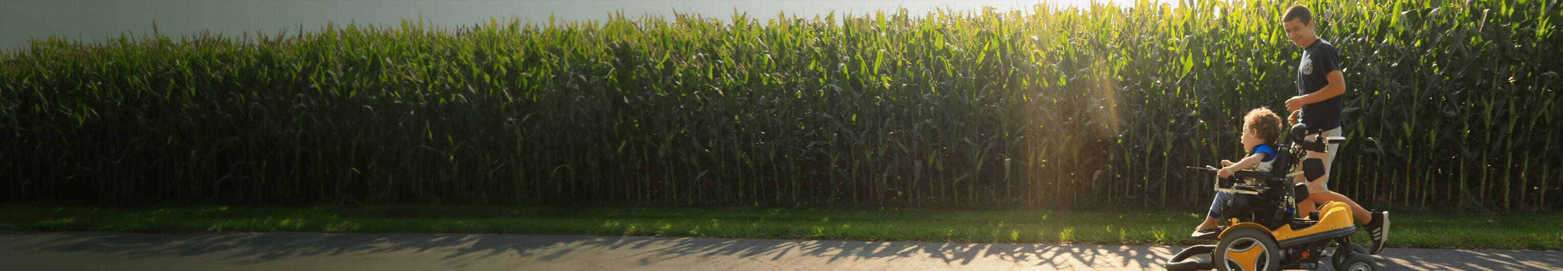 Young boy in wheelchair and young man in front of a cornfield