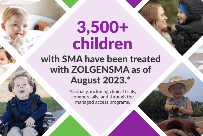 Mosaic of multiple images of smiling children with headline: 3,000+ children with SMA have been treated with ZOLGENSMA as of January 2023*
